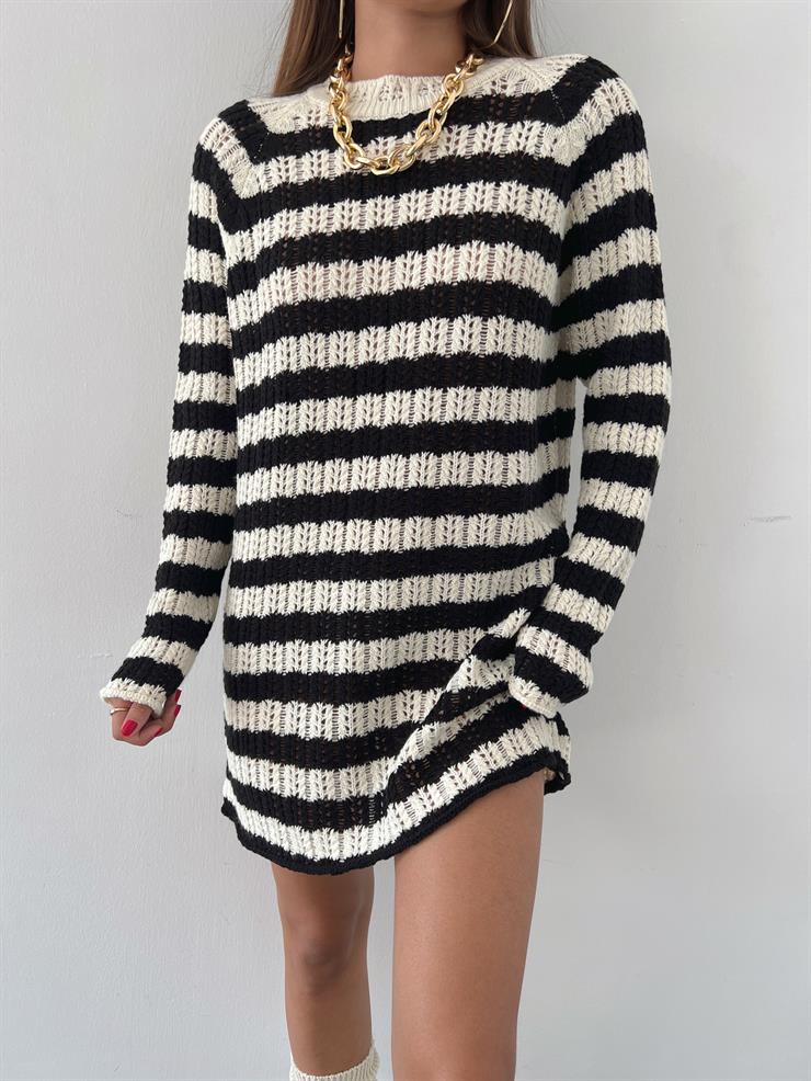 Çizgili Uzun Kol Olezka Kadın Siyah Triko Kazak Elbise 23K000465