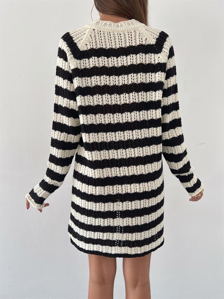 Çizgili Uzun Kol Olezka Kadın Siyah Triko Kazak Elbise 23K000465