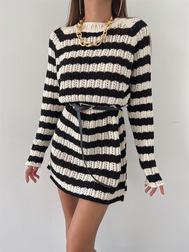 Çizgili Uzun Kol Olezka Kadın Siyah Triko Kazak Elbise 23K000465