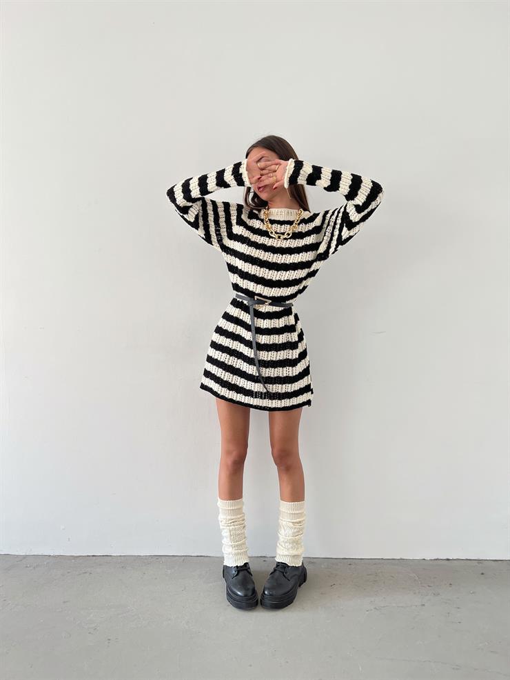 Çizgili Uzun Kol Olezka Kadın Siyah Triko Kazak Elbise 23K000465