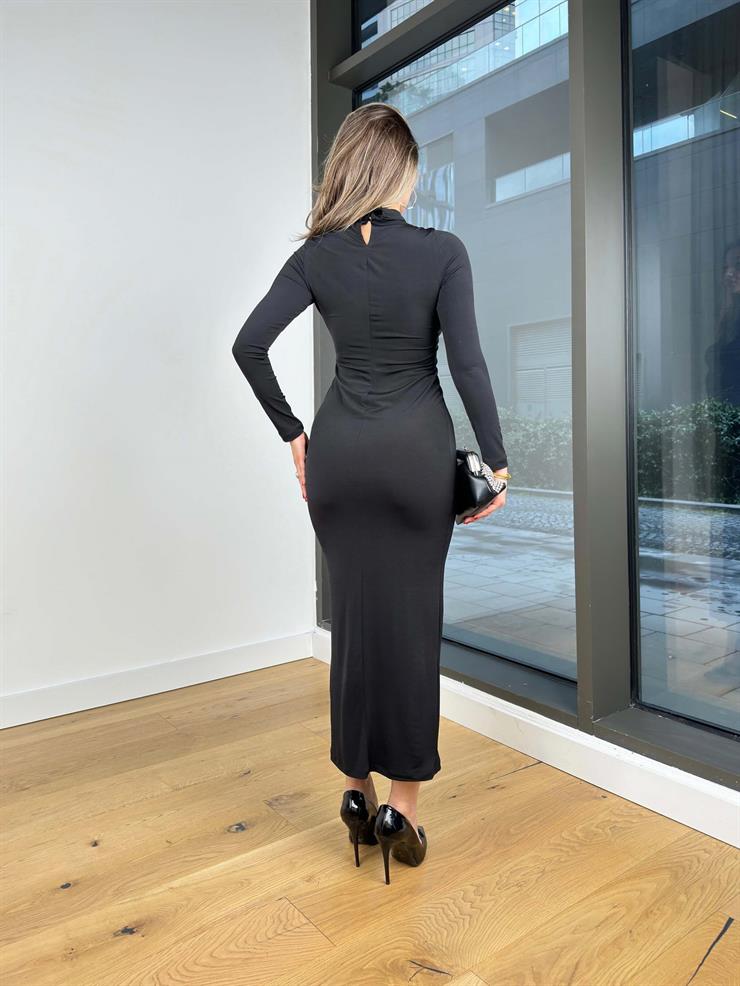 Uzun Kol Boğazlı Göğüs Kısmı Büzgülü Oliare Siyah Kadın Elbise 25K456