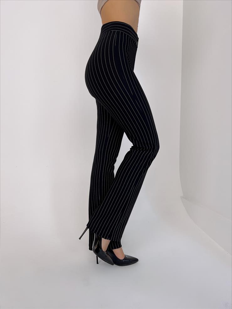 Yüksek Bel Önü Düğmeli Olina Kadın Siyah Çizgili Palazzo Pantolon 23Y000041
