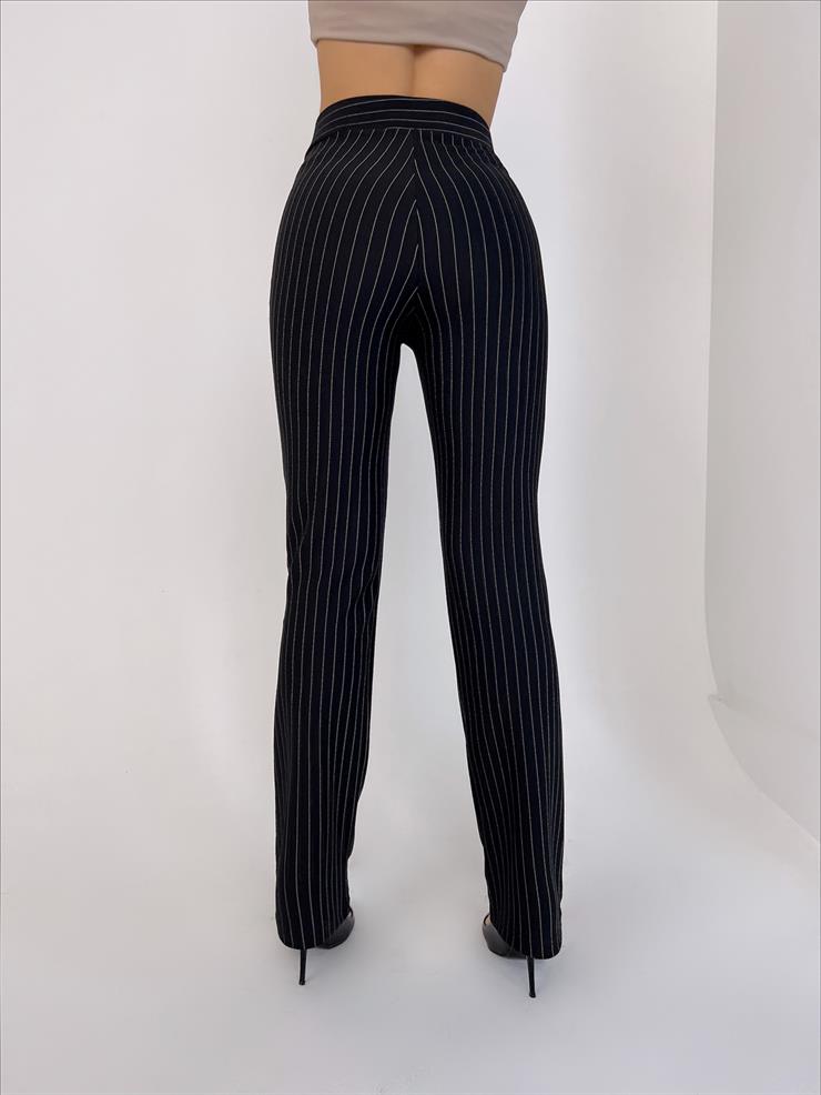 Yüksek Bel Önü Düğmeli Olina Kadın Siyah Çizgili Palazzo Pantolon 23Y000041