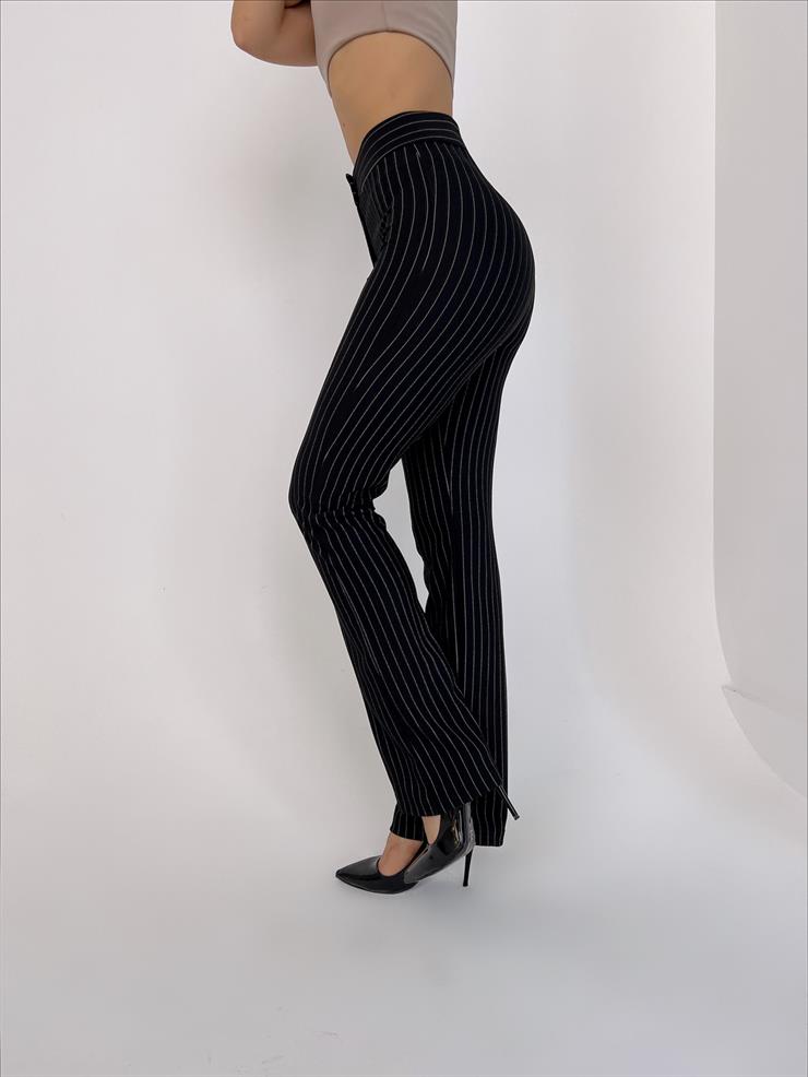 Yüksek Bel Önü Düğmeli Olina Kadın Siyah Çizgili Palazzo Pantolon 23Y000041