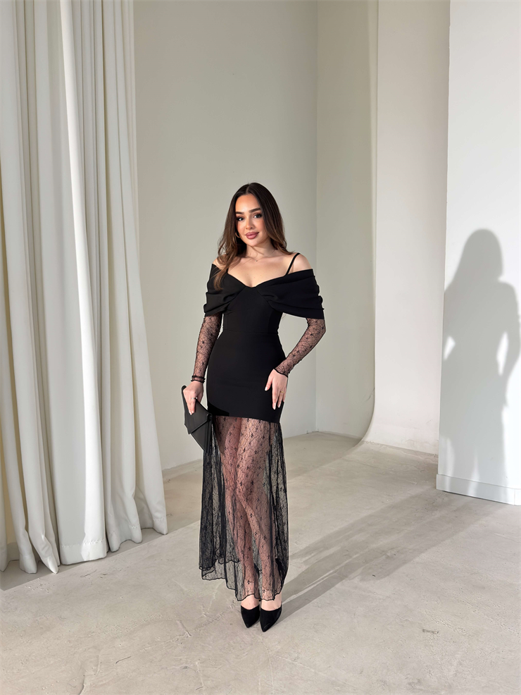 Askılı Madonna Yaka Kolları Eteği Dantelli Drapeli Oliner Siyah Kadın Elbise 26Y030