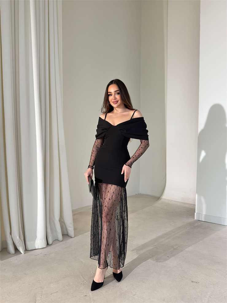 Askılı Madonna Yaka Kolları Eteği Dantelli Drapeli Oliner Siyah Kadın Elbise 26Y030