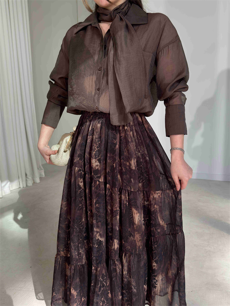 Şallı Transparan Olver Kahve Kadın Gömlek 26Y077