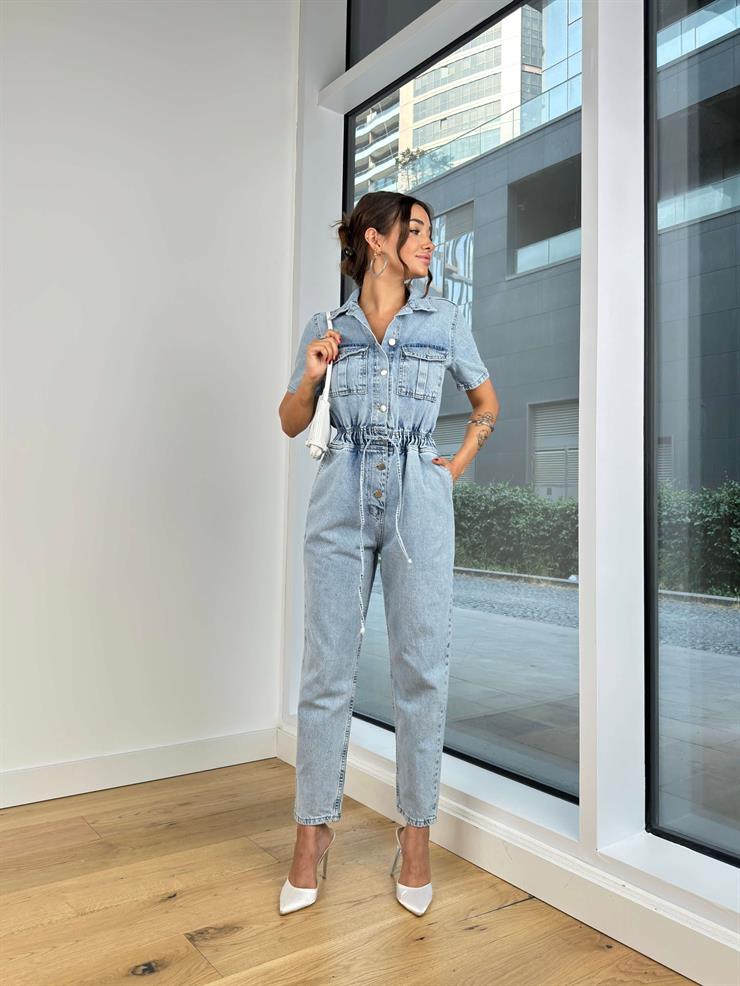 Kısa Kol Önü Düğme Kapamalı Bel Kısmı Lastikli Ve Bağlamalı Omaha Kadın Mavi Kot Tulum 24Y738