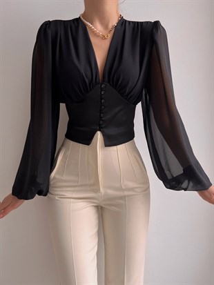 Omuz Drapeli Önden Düğmeli Şifon Blon Kol Kadın Siyah Bluz 22K000498