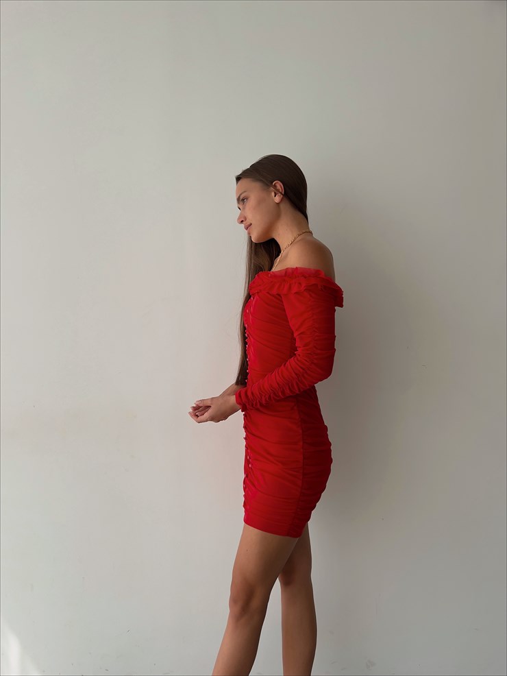Omuz Fırfırlı Önden Düğme Detaylı Drapeli Uzun Kol Zanobi Kadın Kırmızı Mini Elbise 23K000110