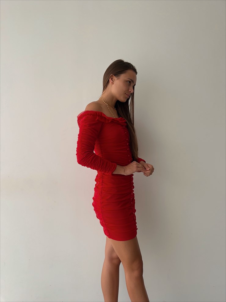 Omuz Fırfırlı Önden Düğme Detaylı Drapeli Uzun Kol Zanobi Kadın Kırmızı Mini Elbise 23K000110