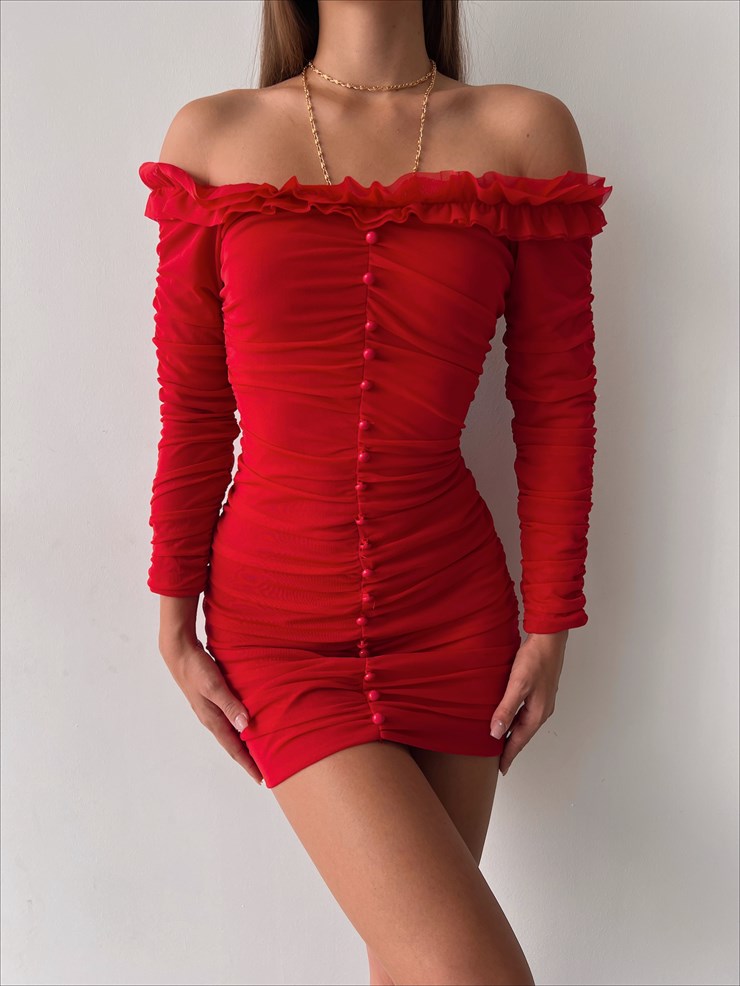Omuz Fırfırlı Önden Düğme Detaylı Drapeli Uzun Kol Zanobi Kadın Kırmızı Mini Elbise 23K000110