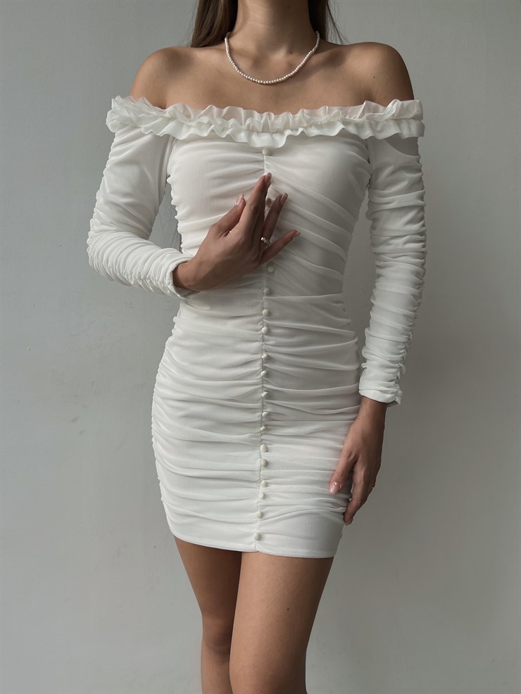 Omuz Fırfırlı Önden Düğme Detaylı Drapeli Uzun Kol Zanobi Kadın Beyaz Mini Elbise 23K000110