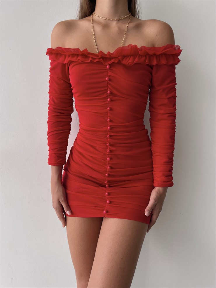 Omuz Fırfırlı Önden Düğme Detaylı Drapeli Uzun Kol Zanobi Kadın Kırmızı Mini Elbise 23K000110