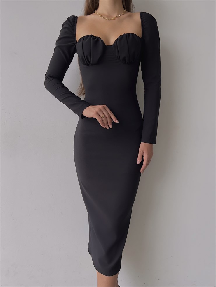 Omuz Lastik Kol Göğüs Büzgü Detay Bernardo Kadın Siyah Midi Boy Elbise 23K000128