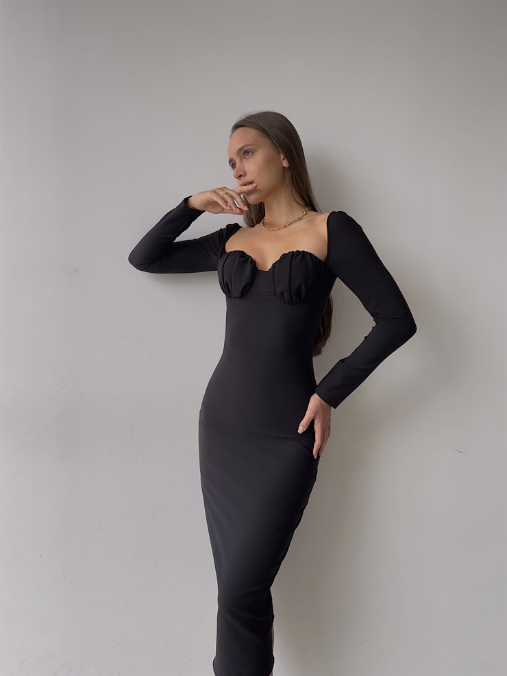 Omuz Lastik Kol Göğüs Büzgü Detay Bernardo Kadın Siyah Midi Boy Elbise 23K000128