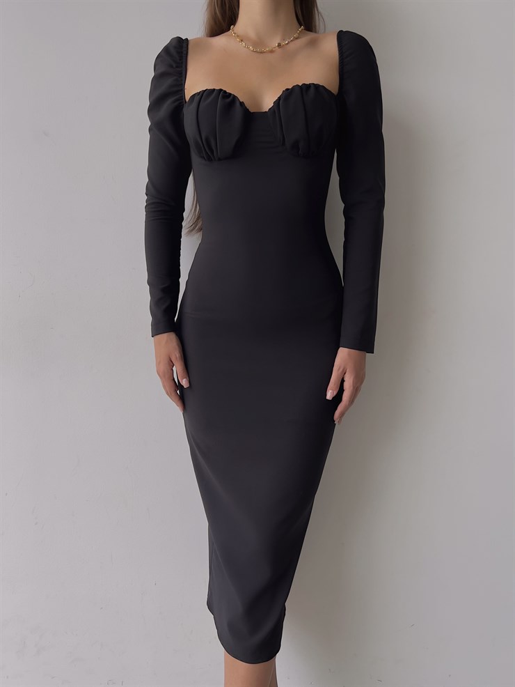 Omuz Lastik Kol Göğüs Büzgü Detay Bernardo Kadın Siyah Midi Boy Elbise 23K000128