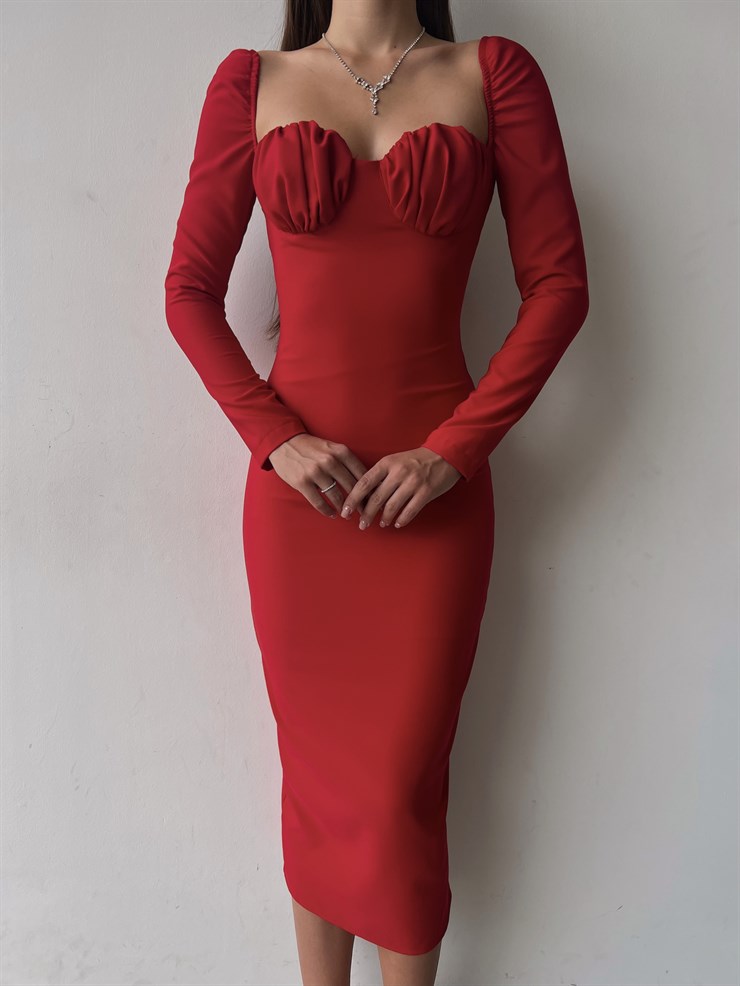 Omuz Lastik Kol Göğüs Büzgü Detay Bernardo Kadın Kırmızı Midi Boy Elbise 23K000128