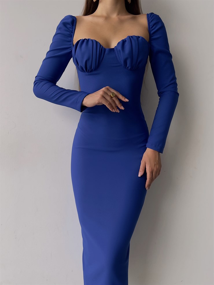 Omuz Lastik Kol Göğüs Büzgü Detay Bernardo Kadın Saks Midi Boy Elbise 23K000128