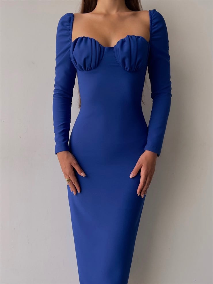 Omuz Lastik Kol Göğüs Büzgü Detay Bernardo Kadın Saks Midi Boy Elbise 23K000128