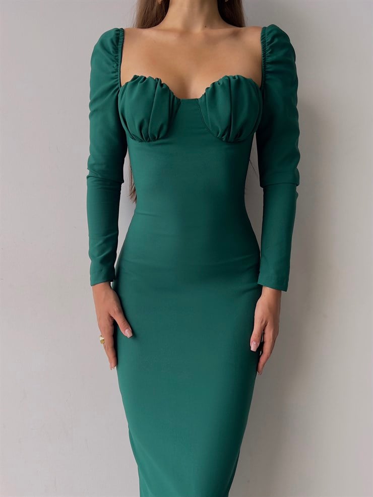 Omuz Lastik Kol Göğüs Büzgü Detay Bernardo Kadın Yeşil Midi Boy Elbise 23K000128