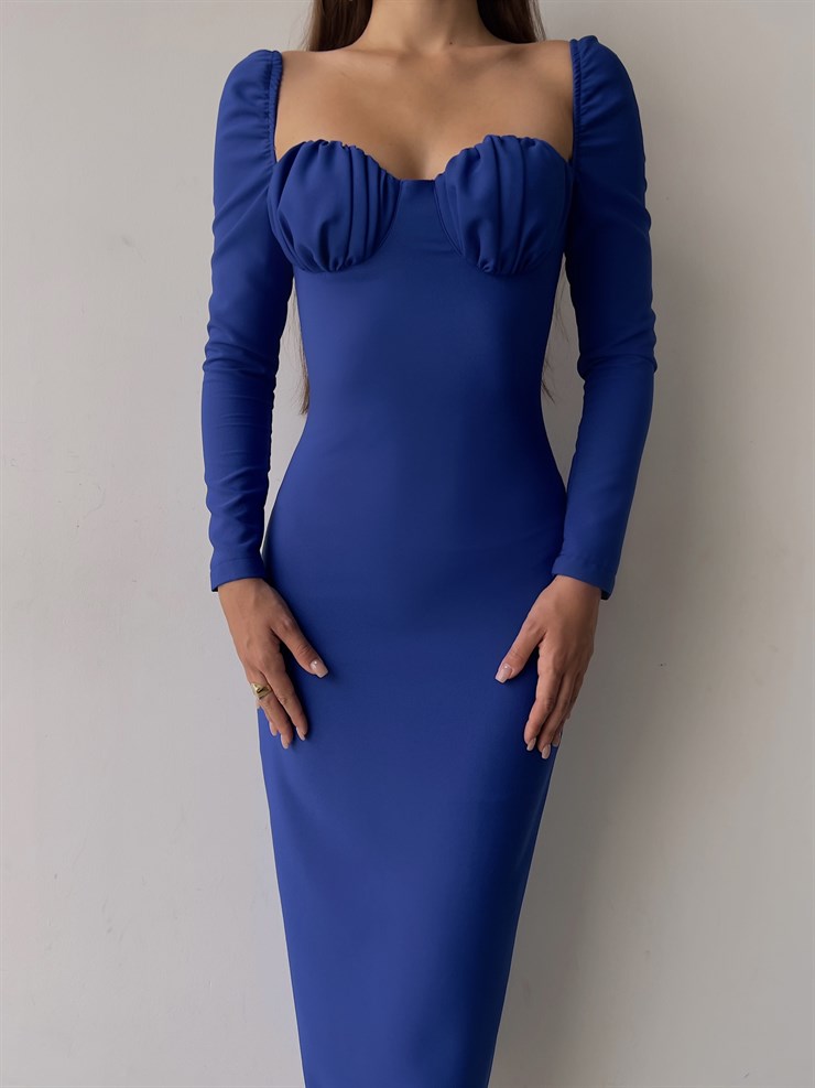 Omuz Lastik Kol Göğüs Büzgü Detay Bernardo Kadın Saks Midi Boy Elbise 23K000128