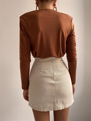 Vatkalı Önü Dökümlü Omuzları Pileli Kadın Kahverengi Bluz 22K000006