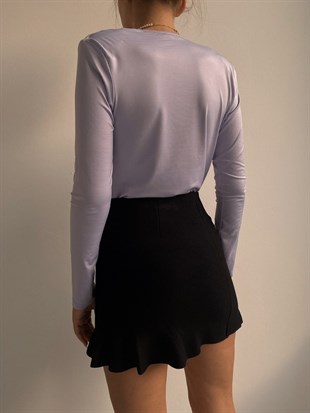 Vatkalı Önü Dökümlü Omuzları Pileli Kadın Lila Bluz 22K000006