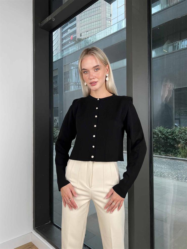 Omuz Vatkalı Alan Kadın Siyah Hırka 24k000082