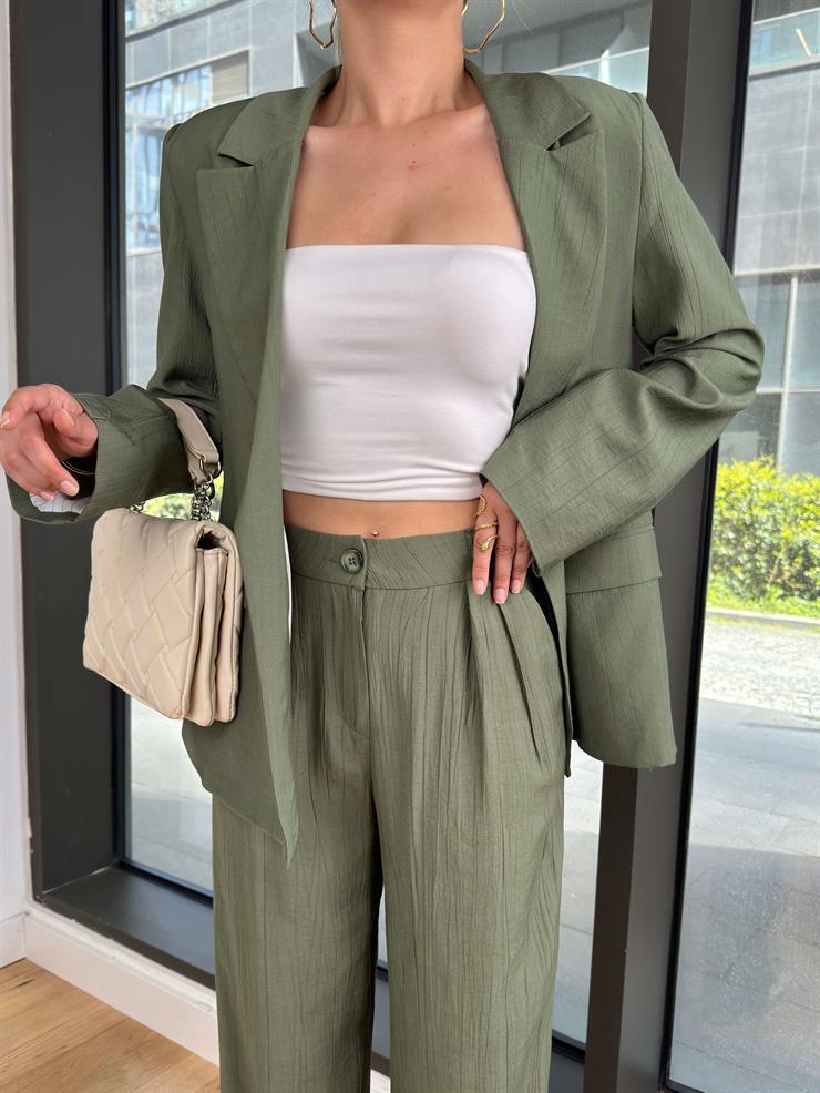 Omuz Vatkalı Kapamasız Yıır Haki Kadın Blazer Ceket 25Y078