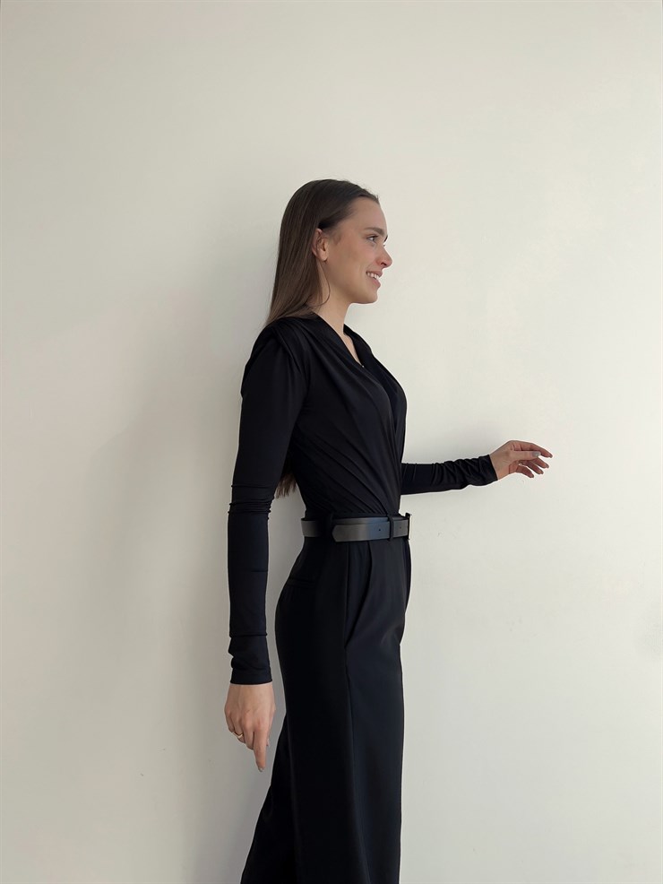 Omuzları Vatkalı Kruvaze Kadın Yuhanna Siyah Bodysuit 22K000004