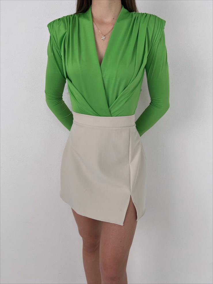 Omuzları Vatkalı Kruvaze Kadın Yuhanna Yeşil Bodysuit 22K000004