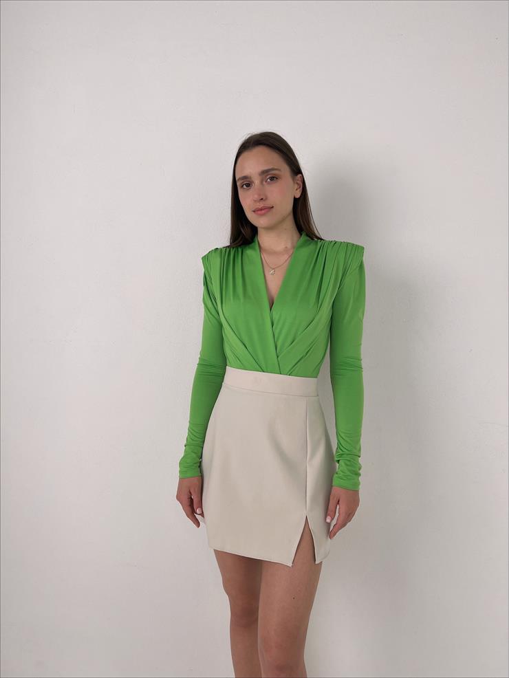 Omuzları Vatkalı Kruvaze Kadın Yuhanna Yeşil Bodysuit 22K000004