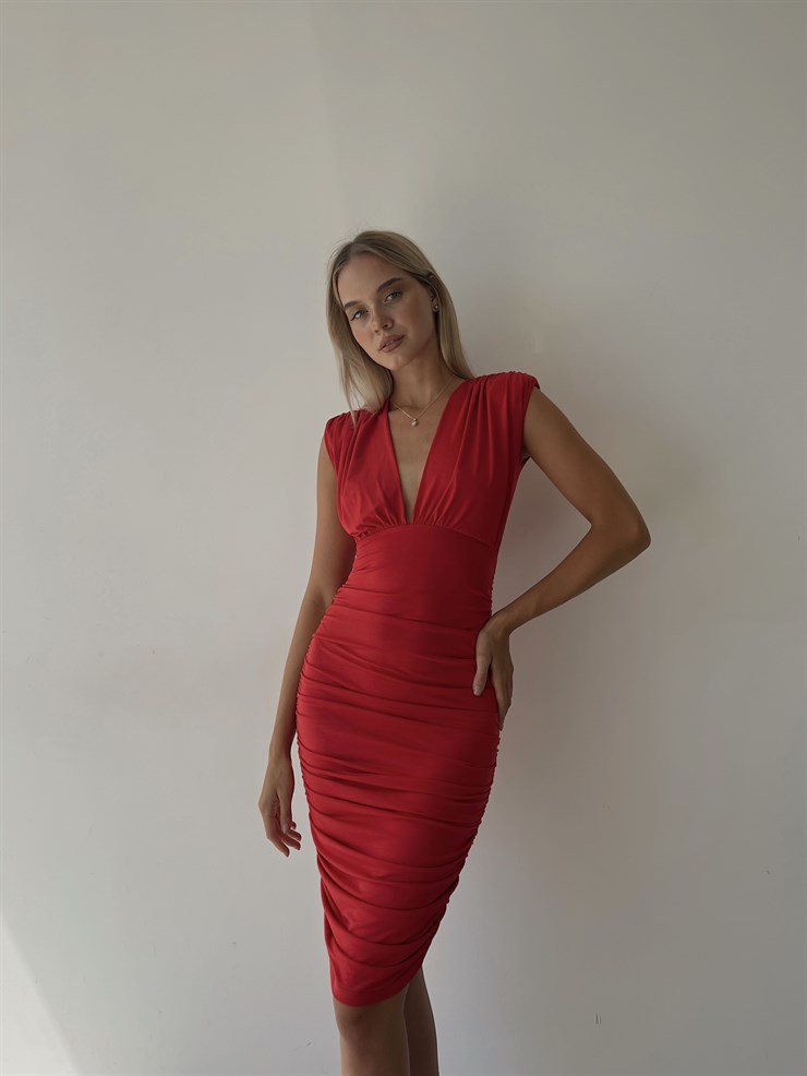 Omzu Vatkalı Drape Detaylı Kadın Kırmızı Midi Elbise 21Y000399