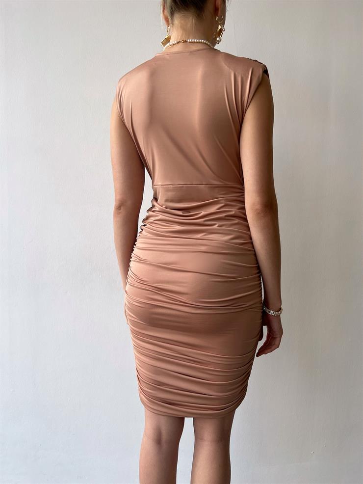 Omzu Vatkalı Drape Detaylı Kadın Vizon Midi Elbise 21Y000399