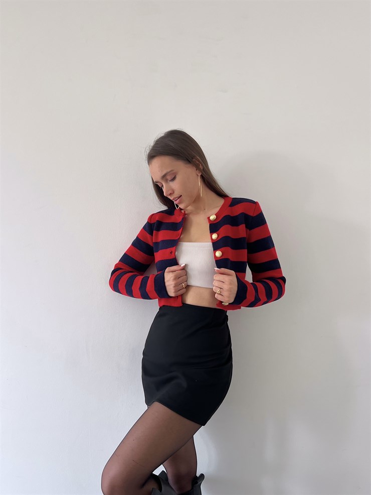 Ön Düğme Kapamalı Bisiklet Yaka Uzun Kollu Dina Kadın Kırmızı Hırka 23K000300