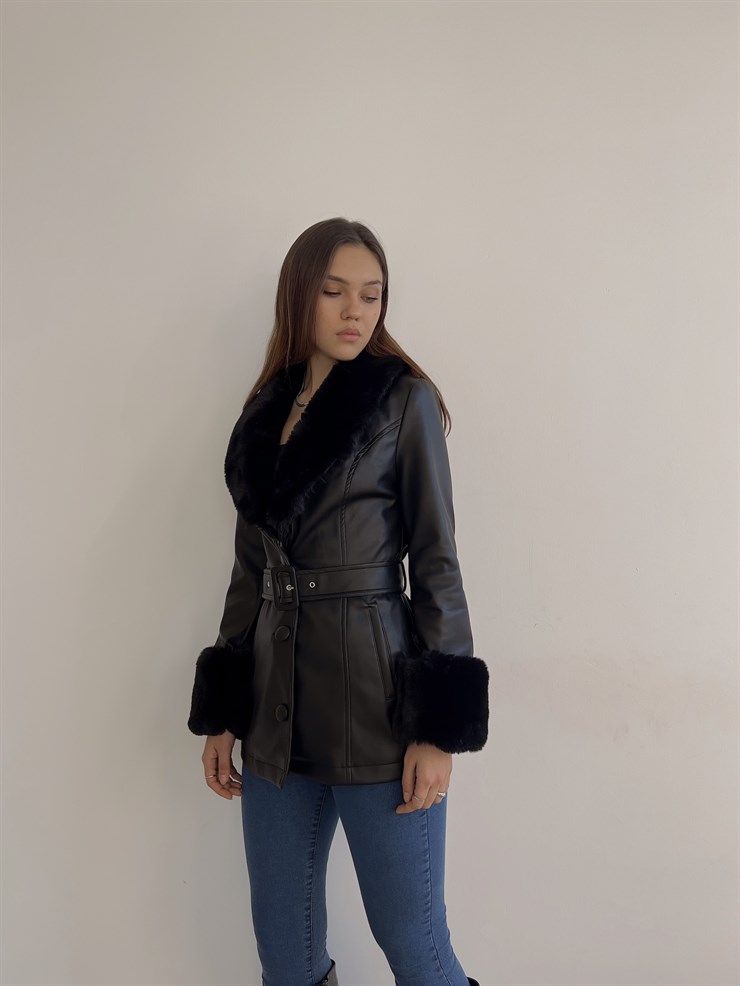 Ön Düğme Kapamalı Ribery Kadın Siyah Deri Mont 23K000377