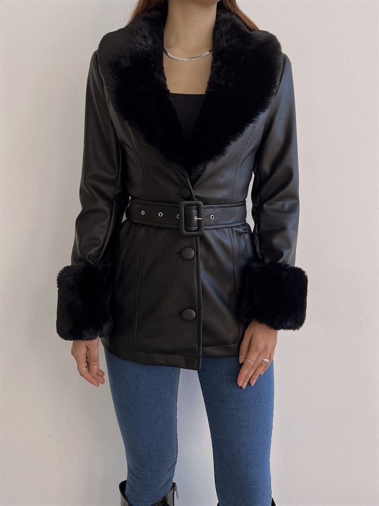 Ön Düğme Kapamalı Ribery Kadın Siyah Deri Mont 23K000377