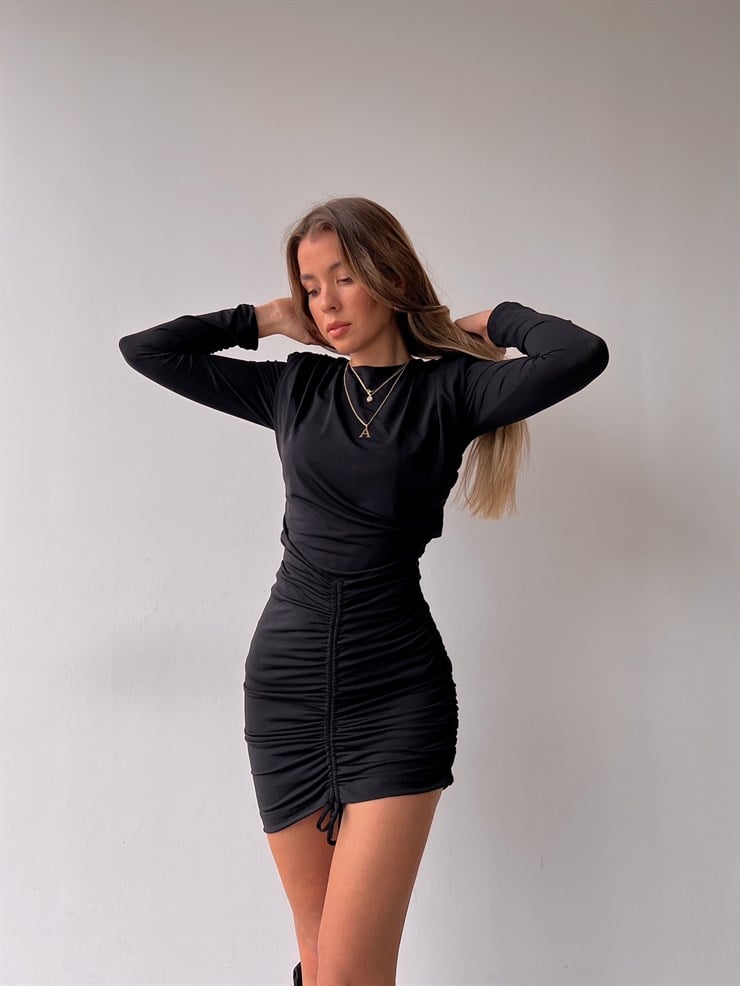 Ön Ve Arka Bağcıkla Ayarlanır Büzgülü  Denisse Kadın Siyah Mini Etek 22K000628