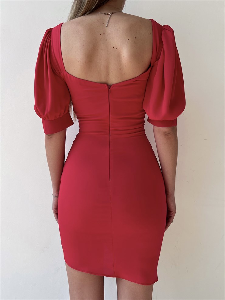 Önde Düğme Detay Yanı Drapeli Korse Kelly Kadın Kırmızı Mini Elbise 22Y000287
