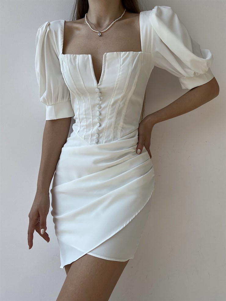 Önde Düğme Detay Yanı Drapeli Korse Kelly Kadın Beyaz Mini Elbise 22Y000287