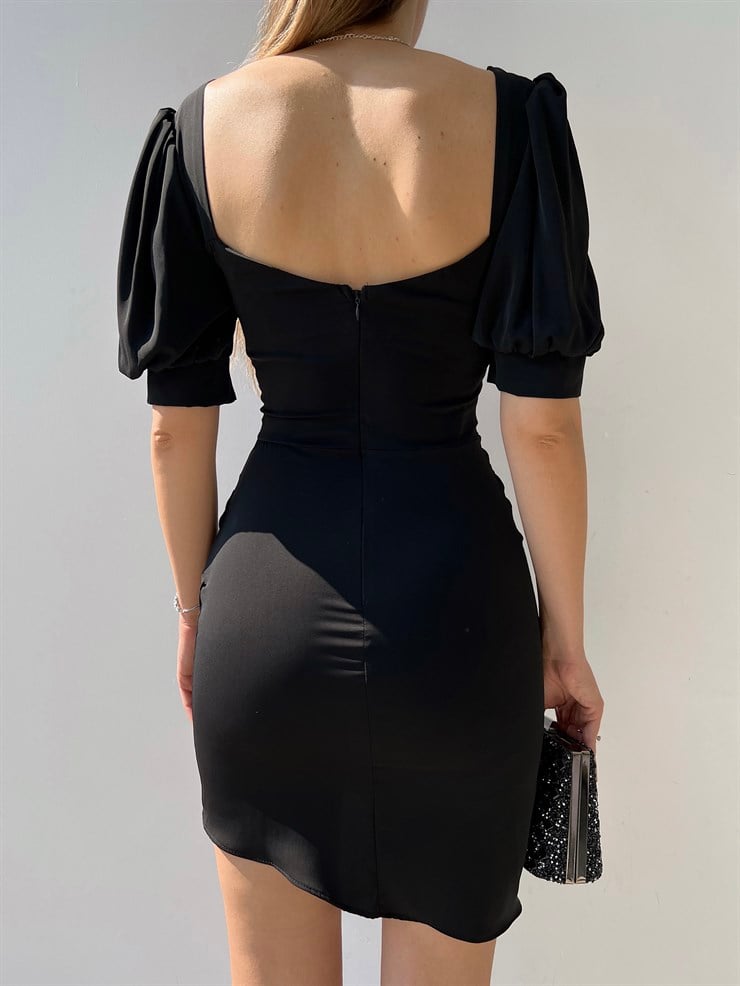 Önde Düğme Detay Yanı Drapeli Korse Kelly Kadın Siyah Mini Elbise 22Y000287