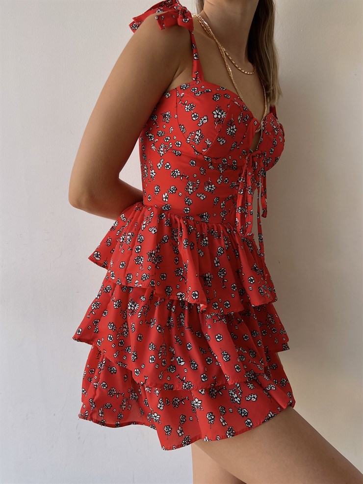 Önden Bağcıklı Çiçek Desenli Fırfırlı Tsar Kadın Kırmızı Mini Elbise 22Y000448
