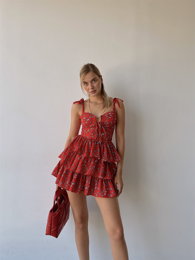 Önden Bağcıklı Çiçek Desenli Fırfırlı Tsar Kadın Kırmızı Mini Elbise 22Y000448