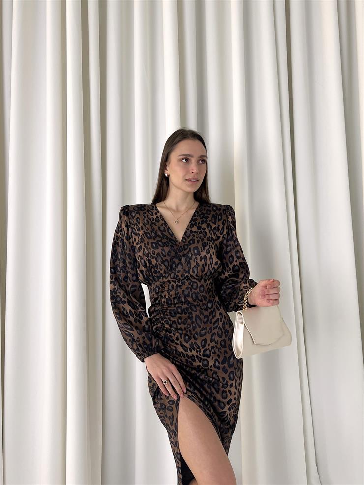 Önden Büzgülü Ve Yırtmaçlı Pricey Kadın Leopar  Midi Elbise 23K000445