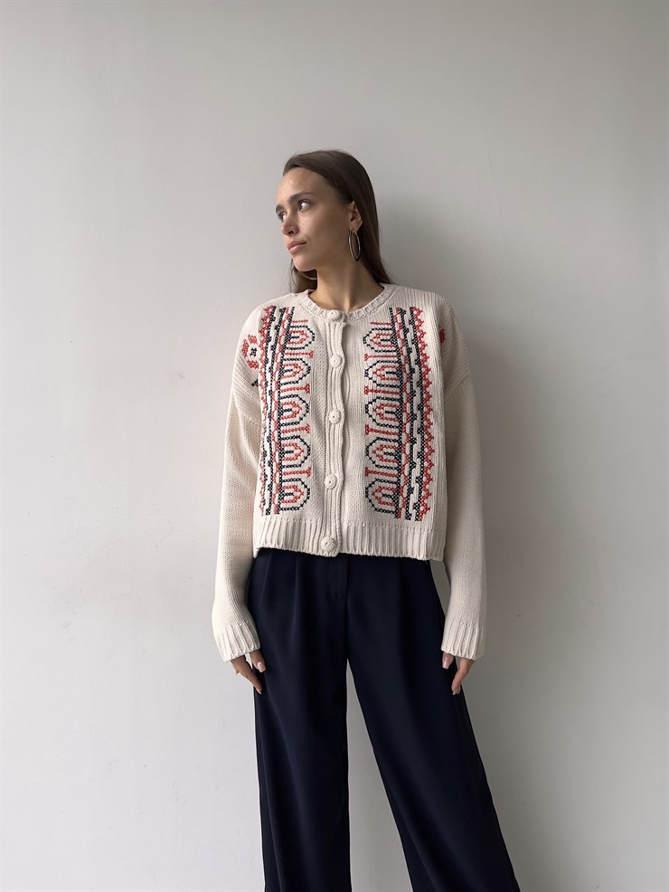 Önden Düğme Kapamalı Etnik Desenli Gisela Kadın Kırmızı Benneton Hırka 23K000158