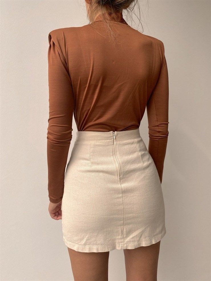 Önden Mik Yırtmaçlı Keten Kadın Ekru Etek 22K000098