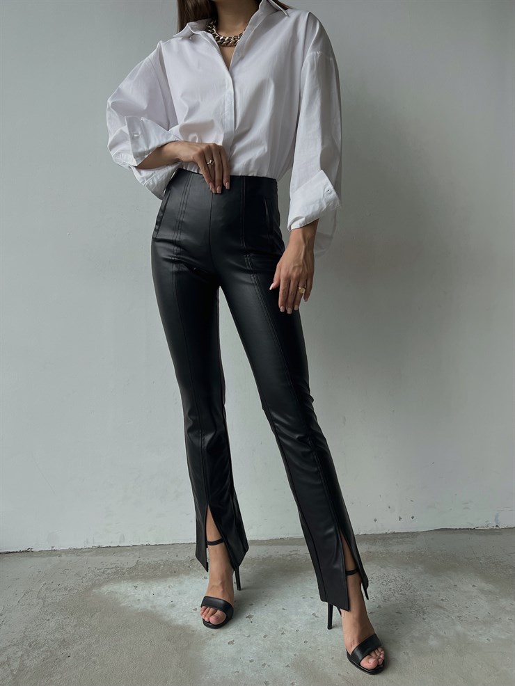 Önden Paçası Yırtmaçlı Connell Kadın Siyah Vegan Deri Pantolon 23K000072