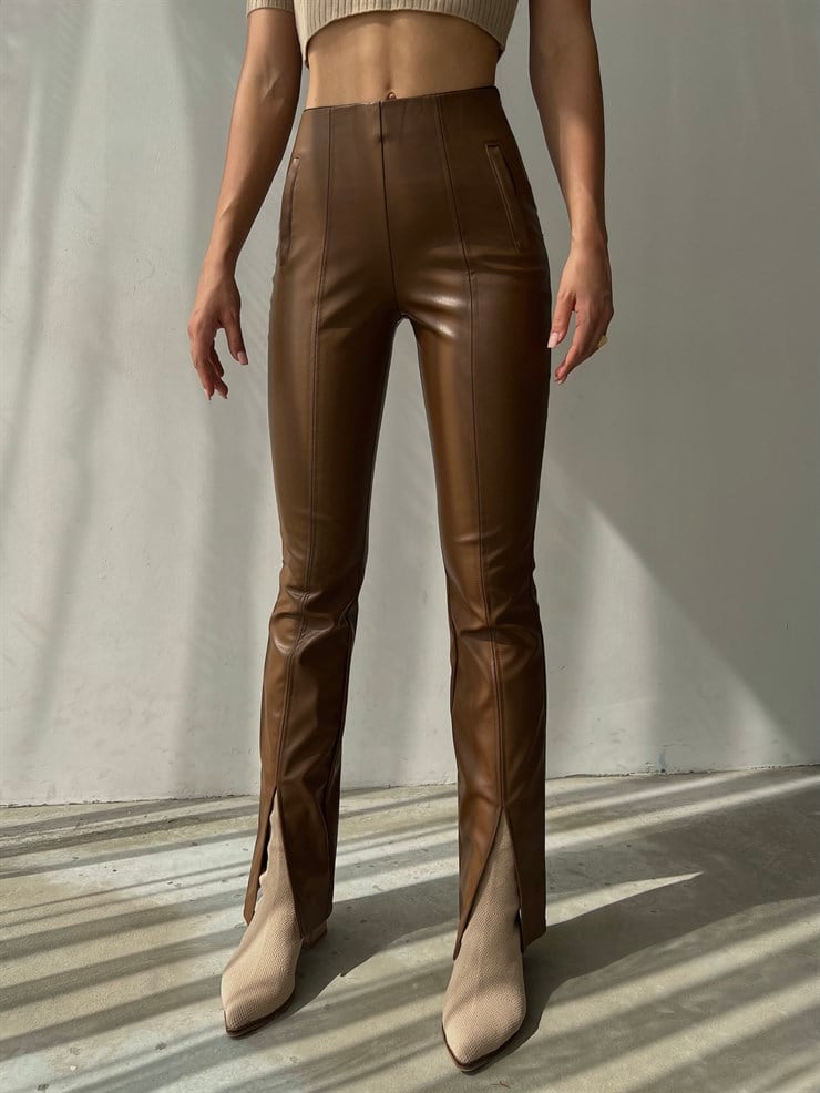 Önden Paçası Yırtmaçlı Connell Kadın Taba Vegan Deri Pantolon 23K000072