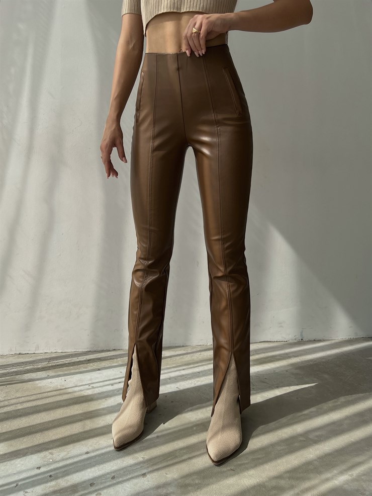 Önden Paçası Yırtmaçlı Connell Kadın Taba Vegan Deri Pantolon 23K000072